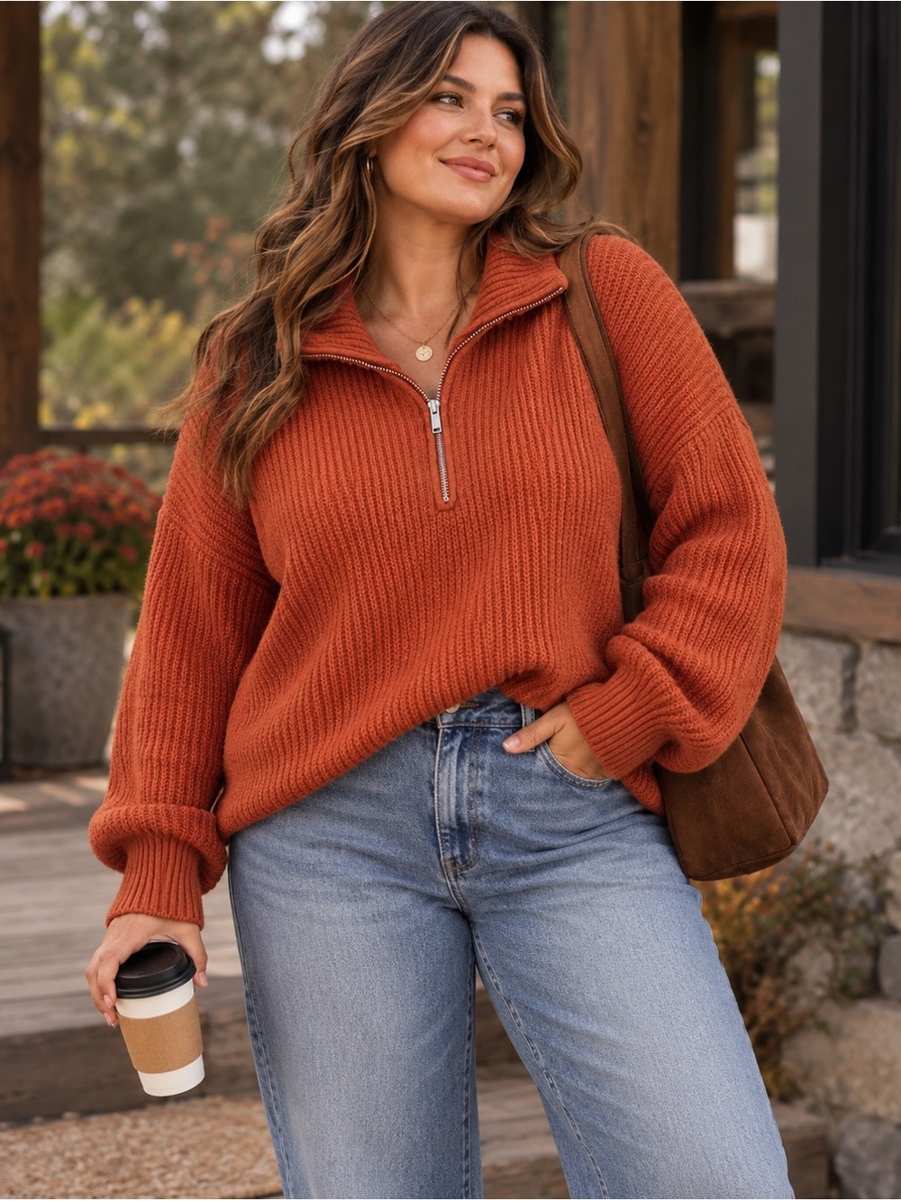Old Navy Rust Terracotta Chunky Knit Quarter Zip Pullover Sweater Oversized